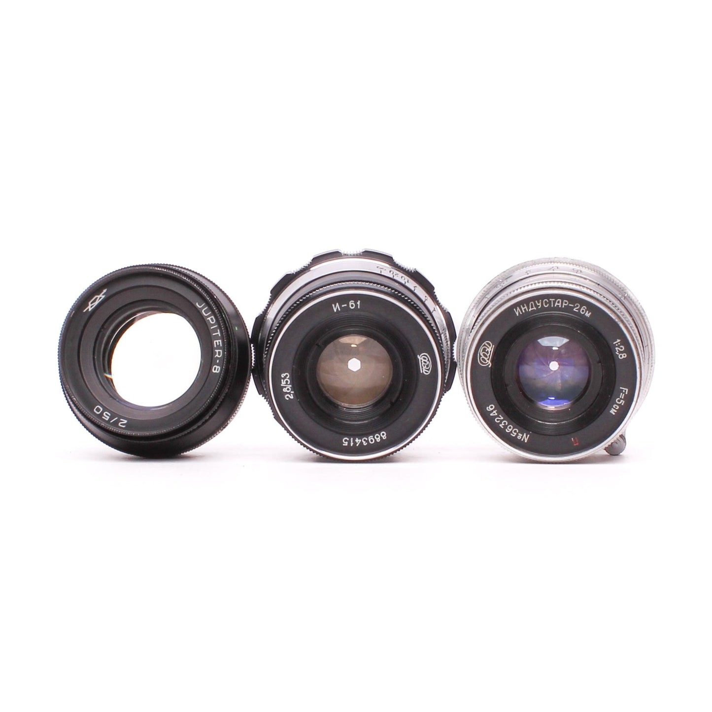 Set of 3 lenses: jupiter-8 2/50; industar-61 2,8/53; industar-26m 1/2,8 f=50mm